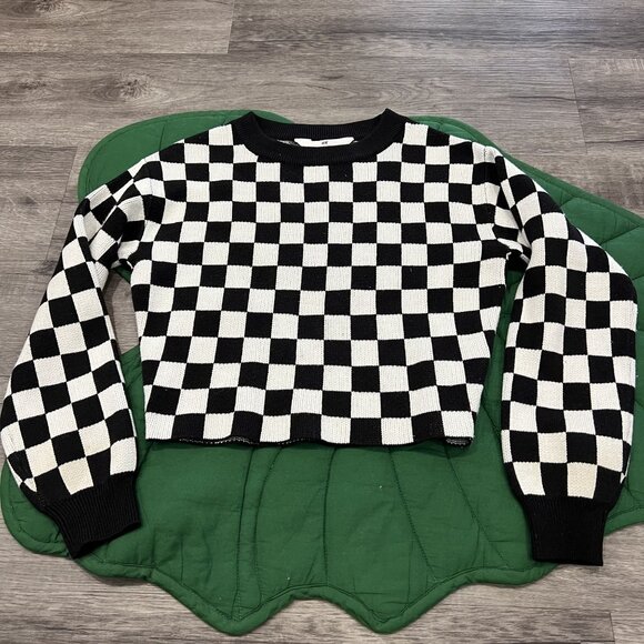 H&M Girls 12/14 Black White Check Cropped Sweater - Picture 1 of 5